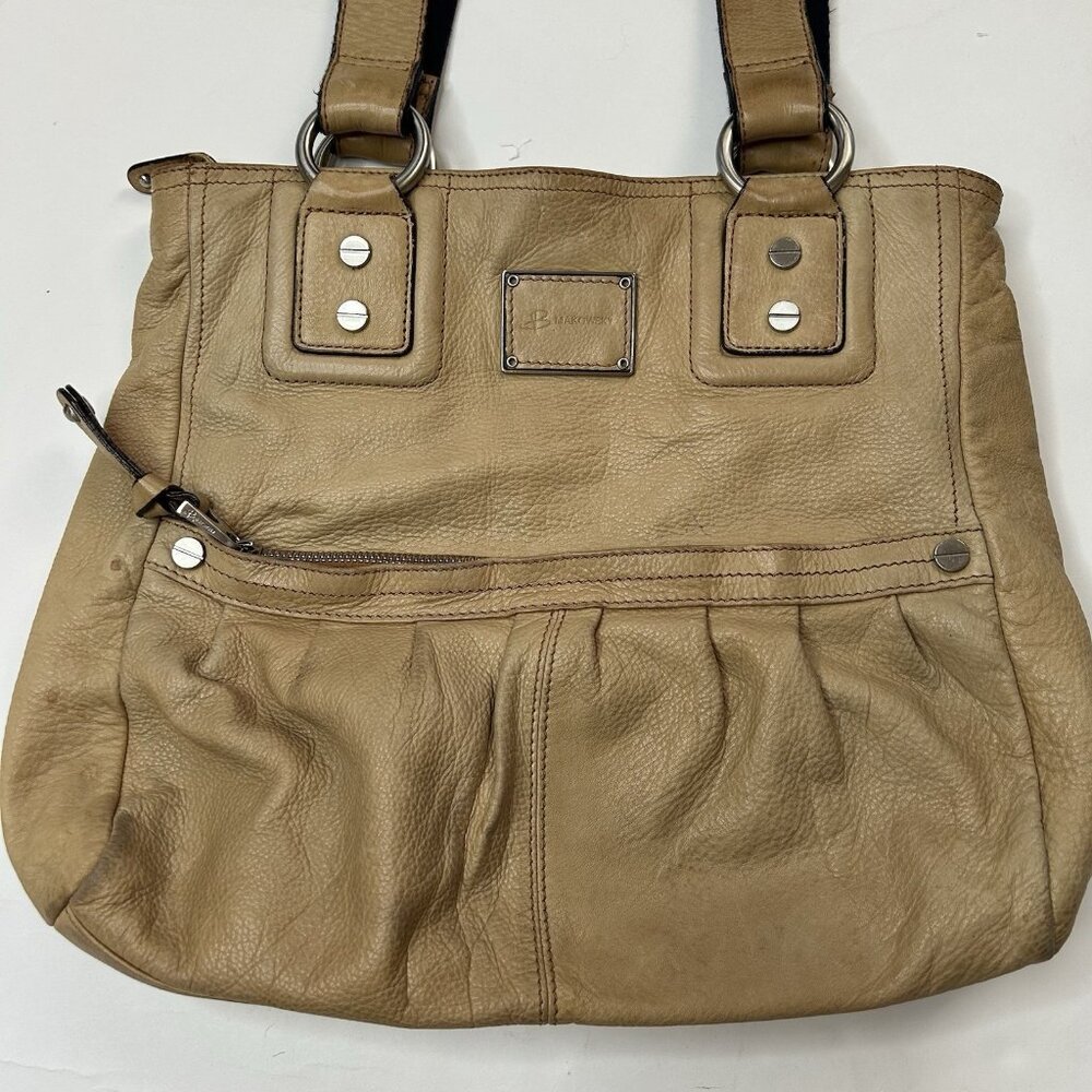 B. Makowsky Tan Leather Shoulder Bag Silver Hardware Leopard Print Lining Hobo